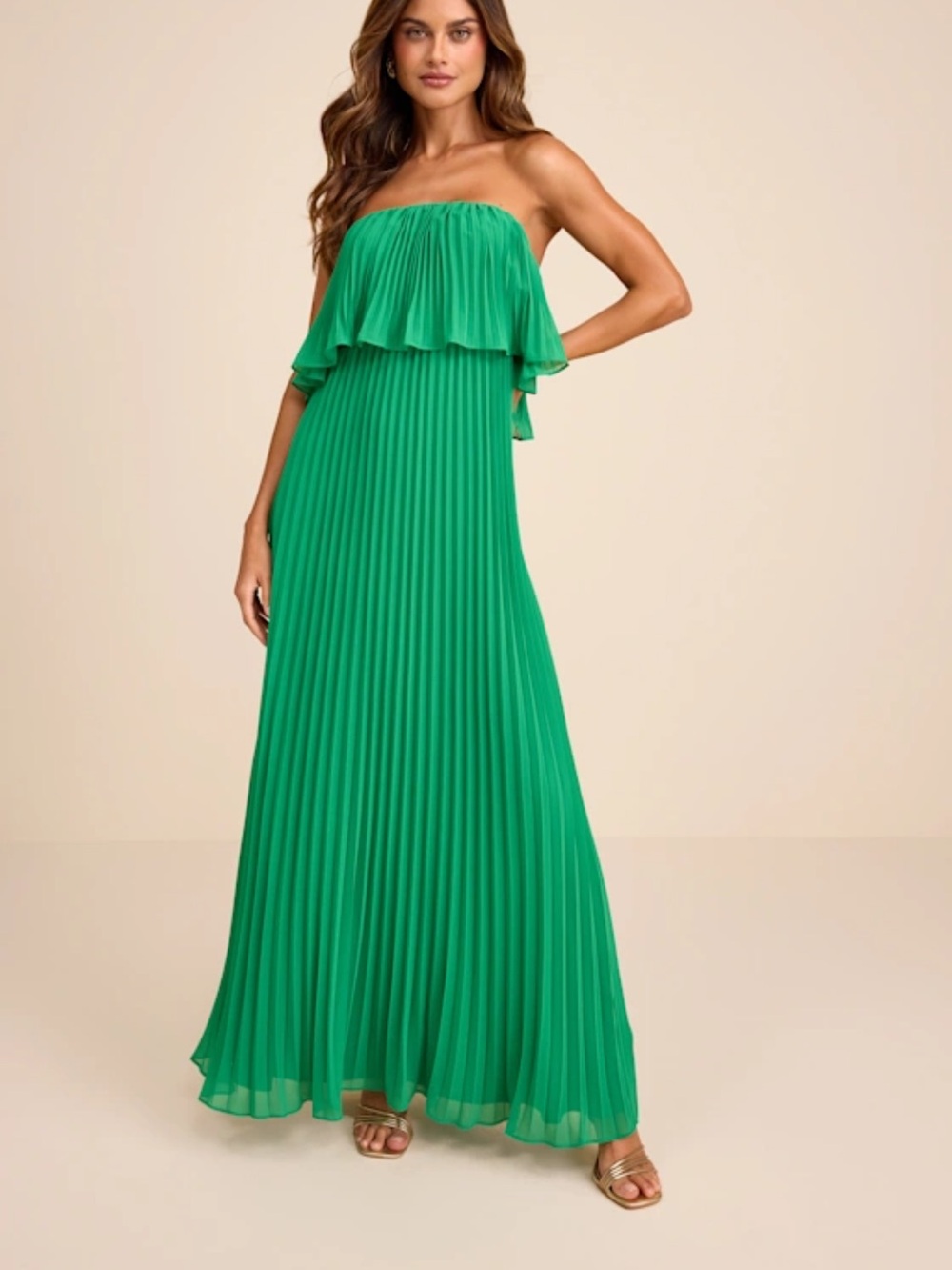 Lulu's Emerald Green Strapless Pleated Maxi Dress